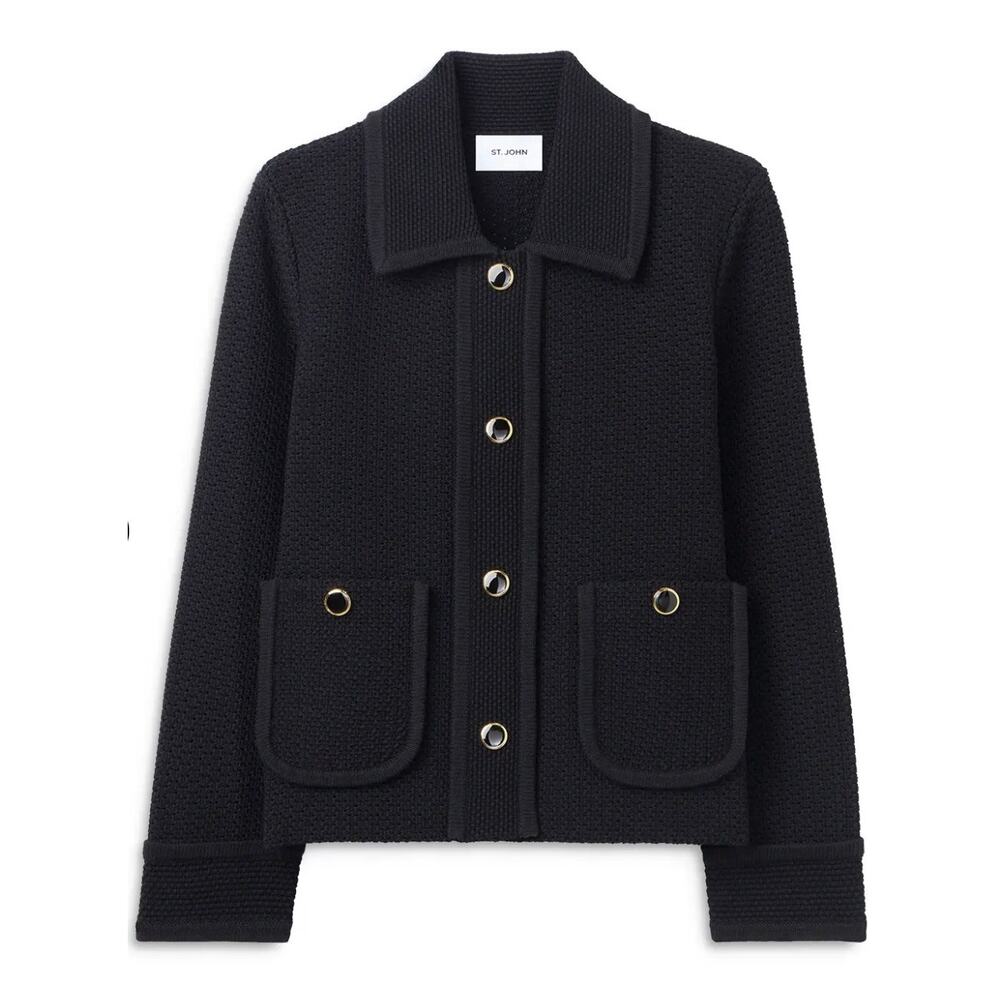 St. John Multiscale Textured Stretch Knit Collared Jacket Black XL Old Money